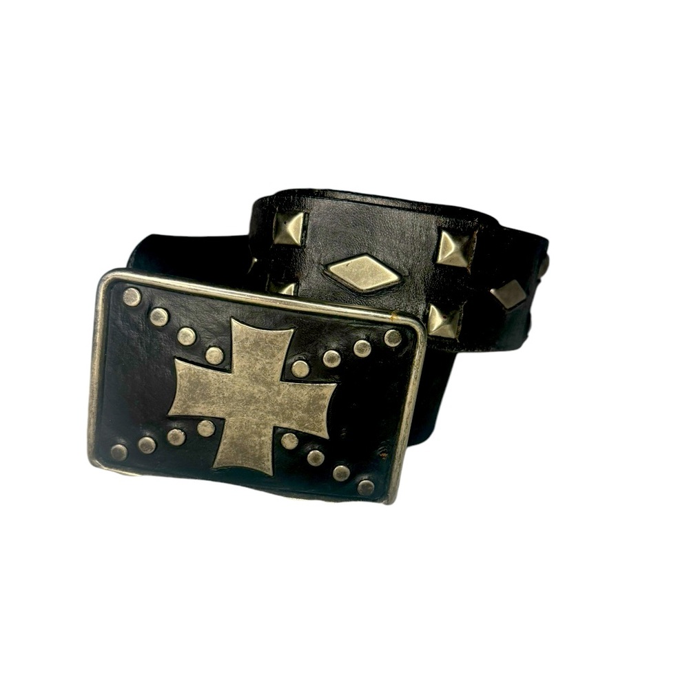 Cool Vintage Leather Studded Belt with Cross Buckle